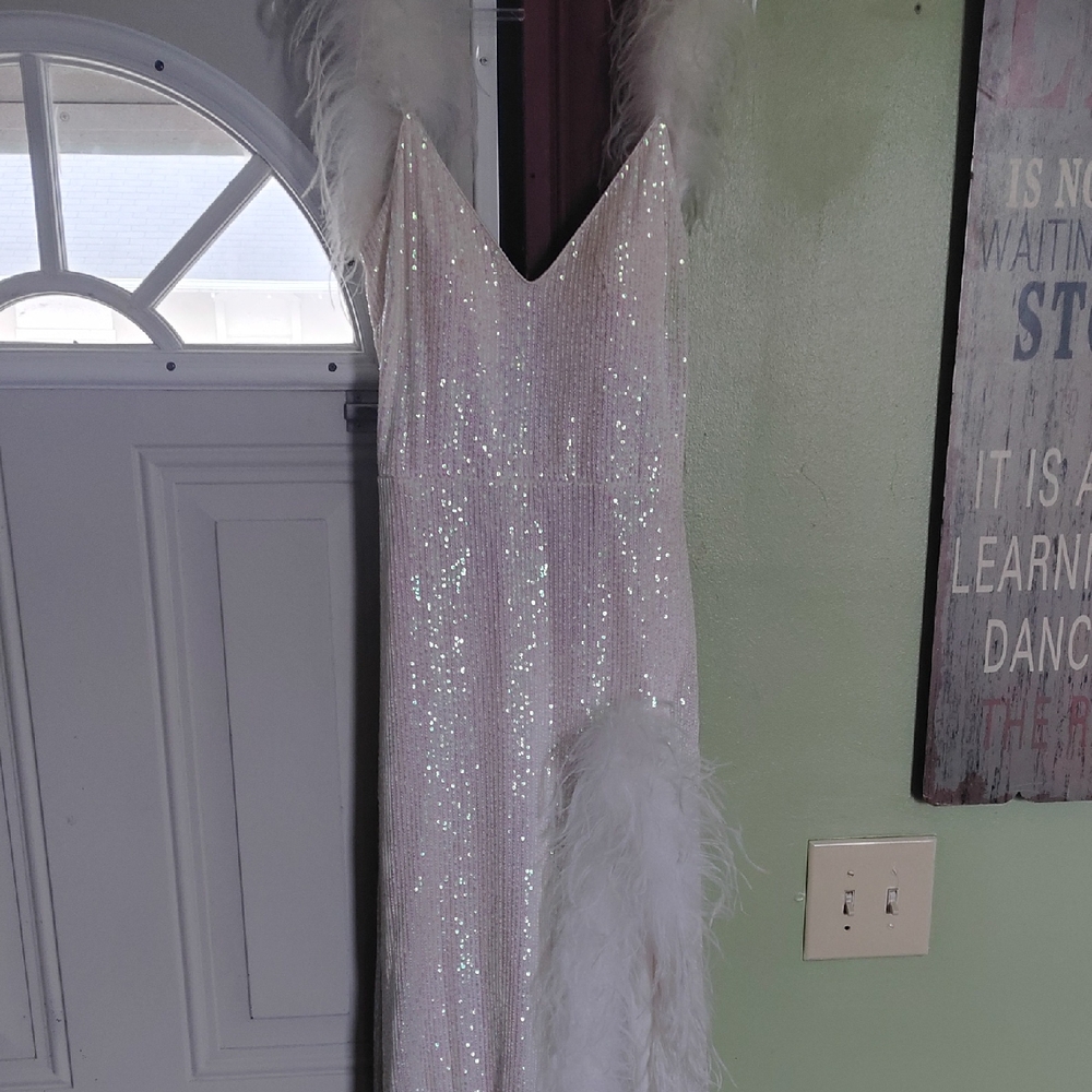 TLC White Sequin Prom Dress with Feather Trim